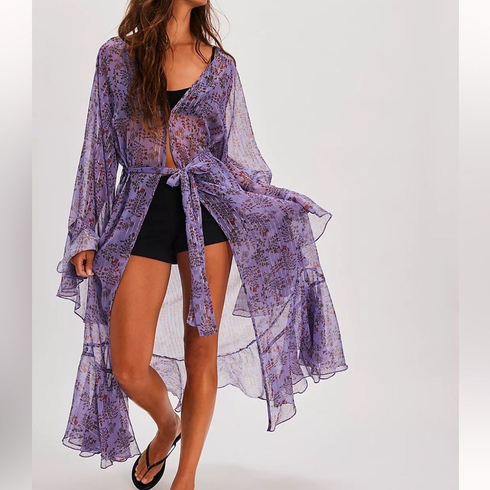 Lavender Floral Sheer Tie-Waist Kimono Tunic